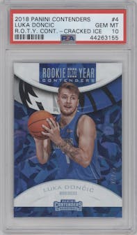 Luka Doncic from the 2018-19 Panini Contenders set featuring a Cracked Ice parallel graded by PSA and given an overall grade of 10.