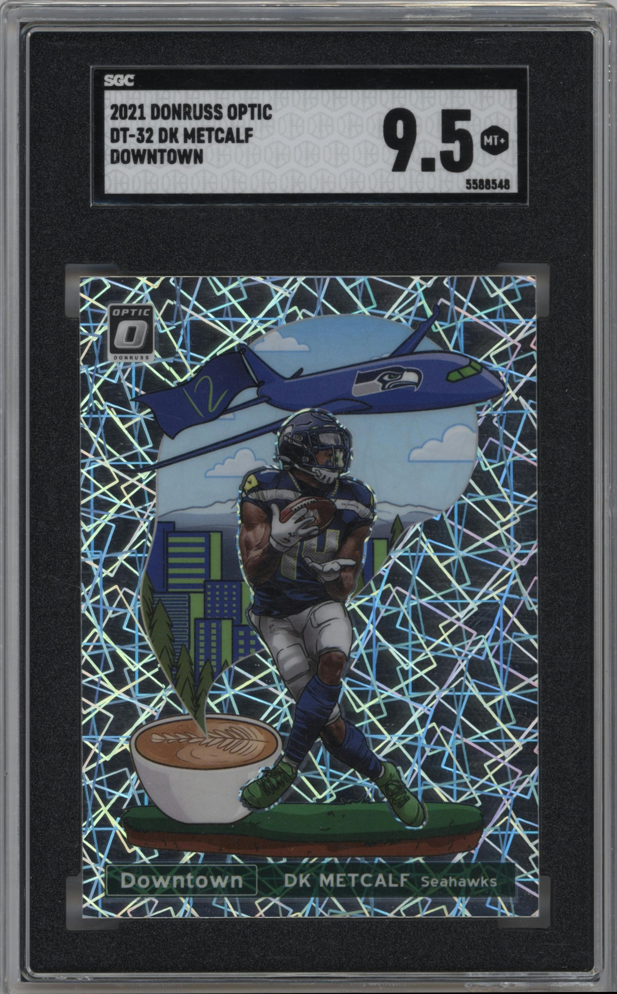 DK Metcalf from the 2021 Panini Donruss Optic set graded by SGC and given an overall grade of 9.5.
