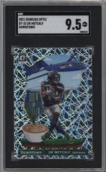 DK Metcalf from the 2021 Panini Donruss Optic set graded by SGC and given an overall grade of 9.5.