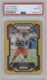 Nick Chubb from the 2023 Panini Prizm set featuring a Gold Wave parallel graded by PSA and given an overall grade of 10.