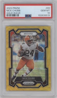 Nick Chubb from the 2023 Panini Prizm set featuring a Gold Wave parallel graded by PSA and given an overall grade of 10.