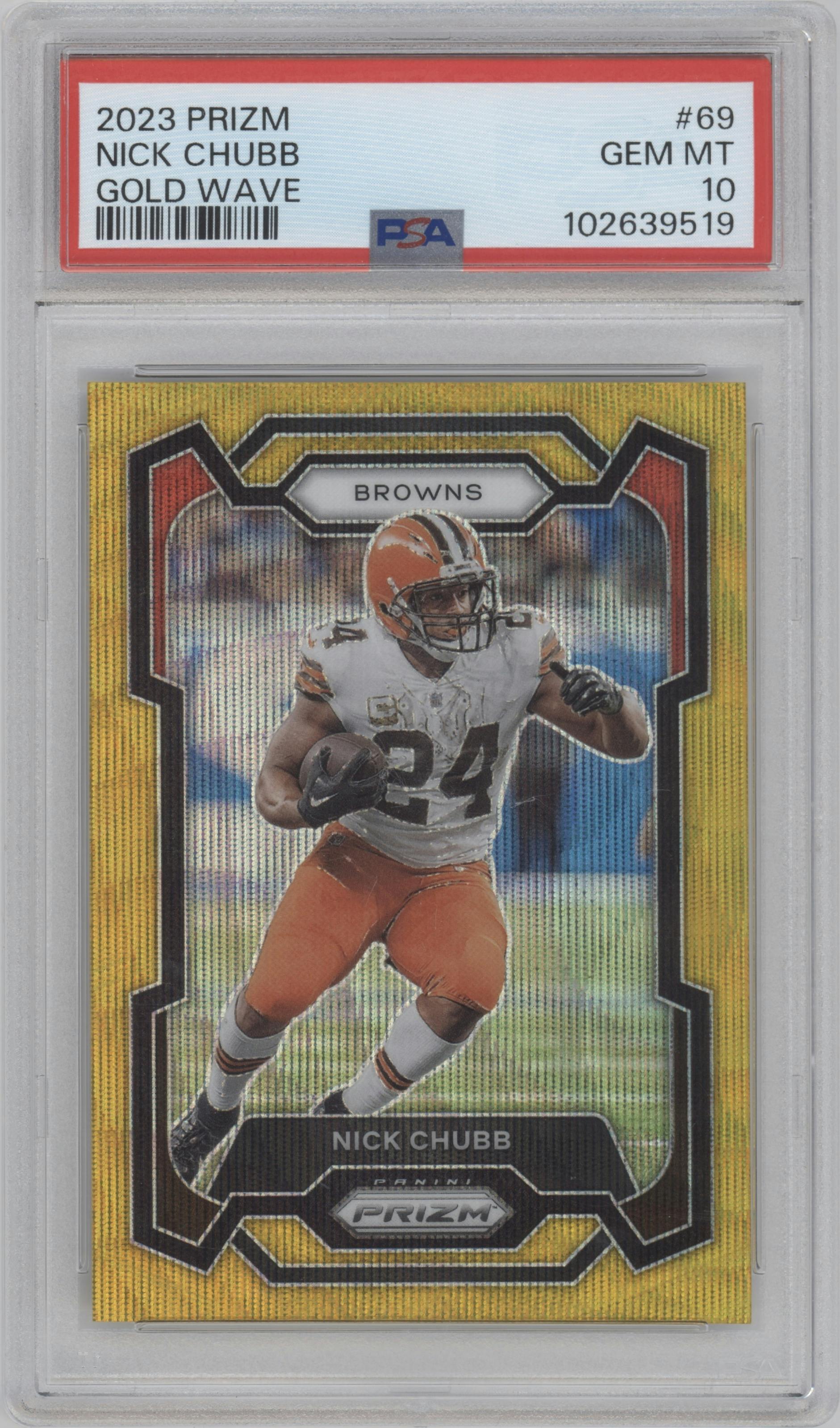 Nick Chubb from the 2023 Panini Prizm set featuring a Gold Wave parallel graded by PSA and given an overall grade of 10.