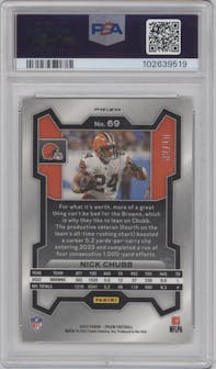 Nick Chubb from the 2023 Panini Prizm set featuring a Gold Wave parallel graded by PSA and given an overall grade of 10.