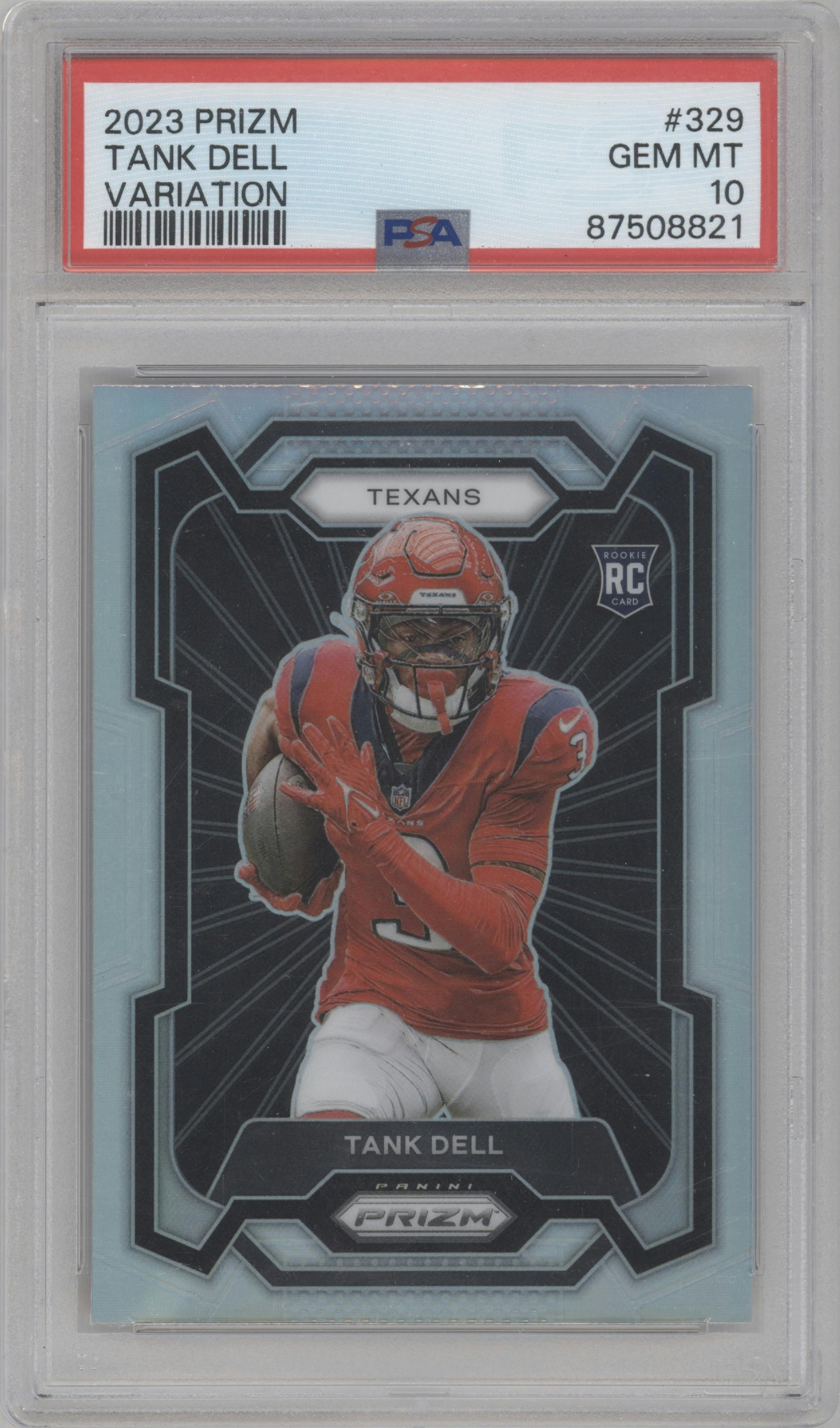 Tank Dell from the 2023 Panini Prizm set graded by PSA and given an overall grade of 10.