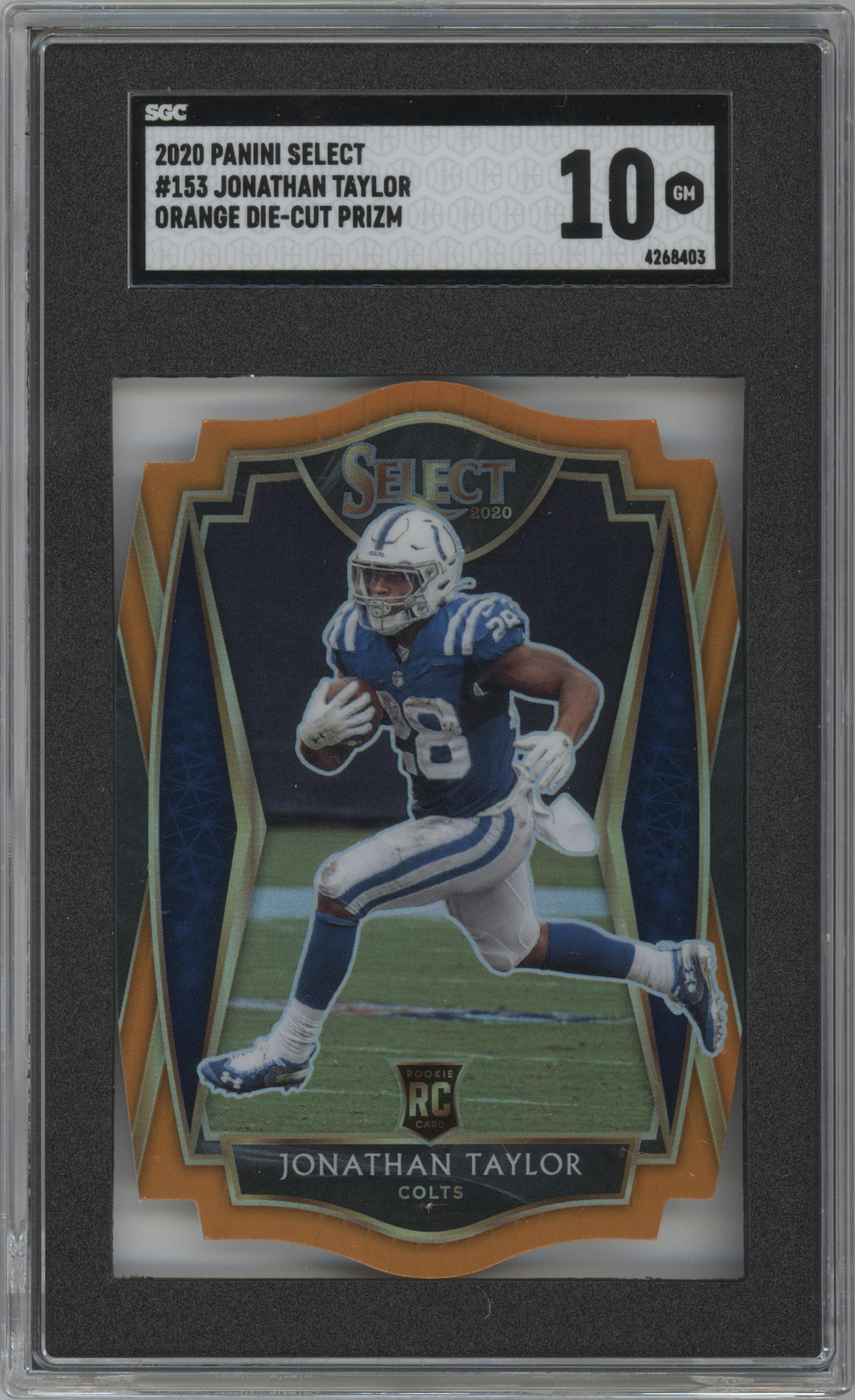 Jonathan Taylor from the 2020 Panini Select set featuring a Die-Cut Orange parallel graded by SGC and given an overall grade of 10.
