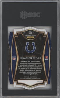 Jonathan Taylor from the 2020 Panini Select set featuring a Die-Cut Orange parallel graded by SGC and given an overall grade of 10.