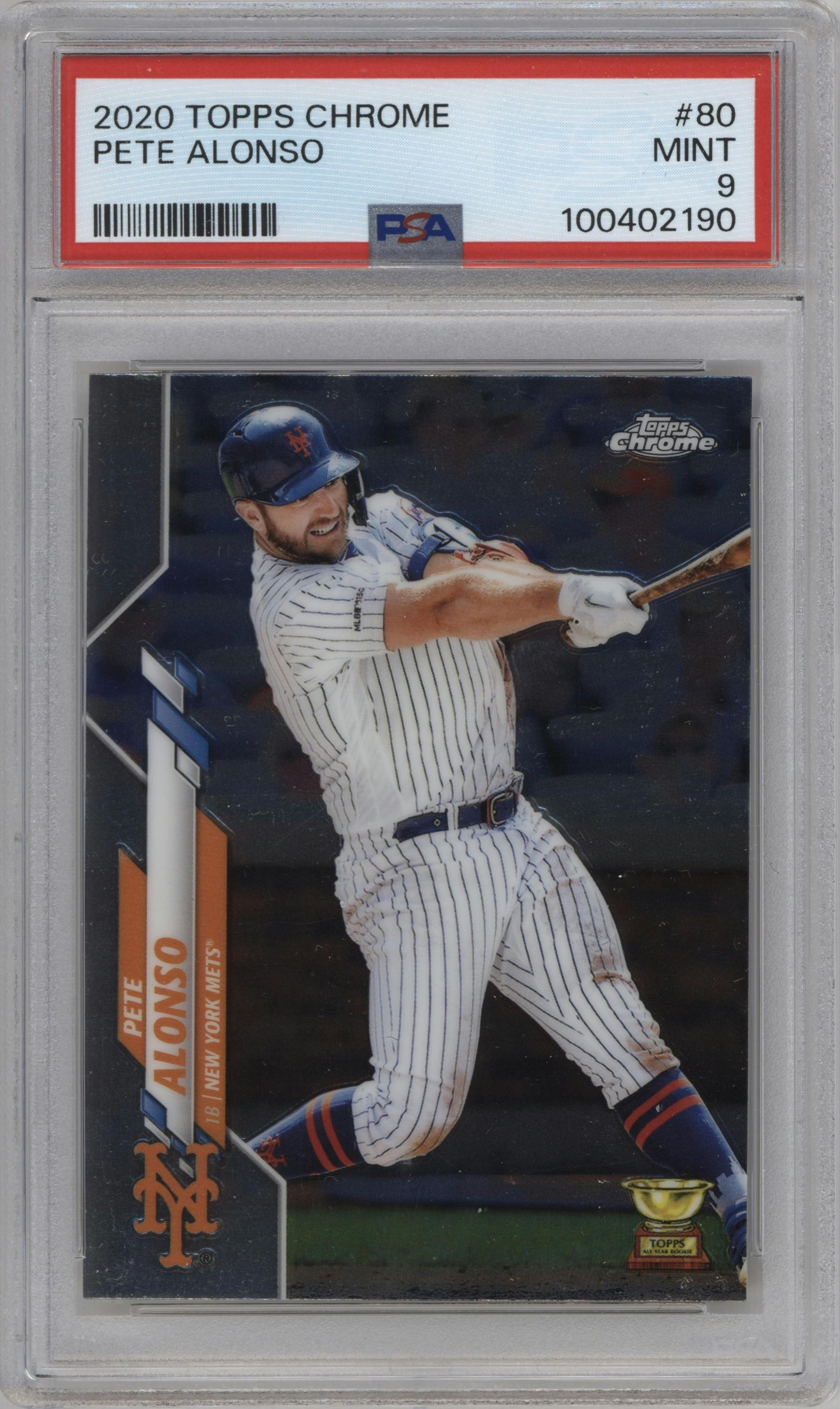 Pete Alonso from the 2020 Topps Chrome set graded by PSA and given an overall grade of 9.