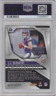 J.J. McCarthy from the 2024 Panini Prizm set featuring a Silver Prizm parallel graded by PSA and given an overall grade of 9.