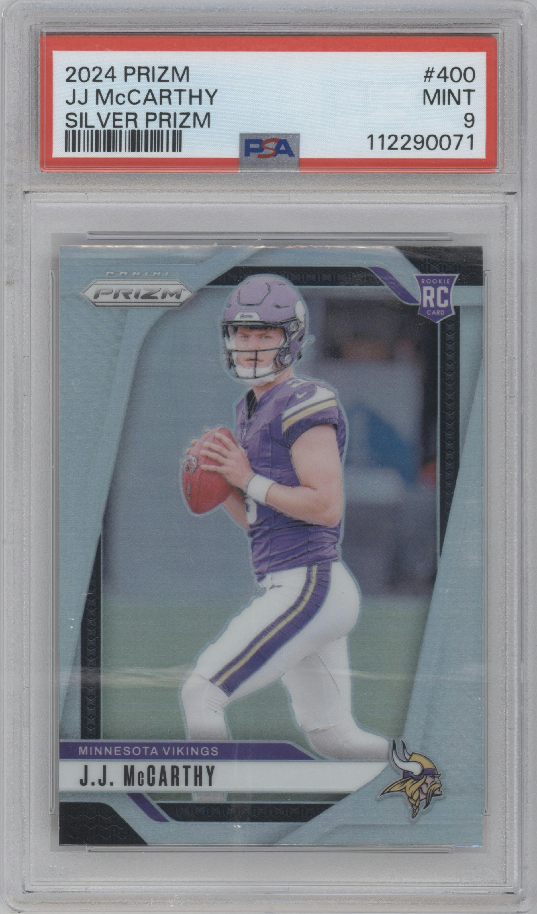 J.J. McCarthy from the 2024 Panini Prizm set featuring a Silver Prizm parallel graded by PSA and given an overall grade of 9.