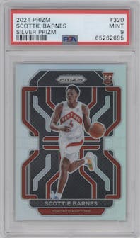 Scottie Barnes from the 2021-22 Panini Prizm  set featuring a Silver Prizm parallel graded by PSA and given an overall grade of 9.