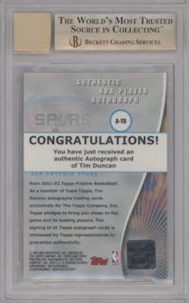 Tim Duncan from the 2001-02 Topps Pristine set graded by Beckett and given an overall grade of 9.5.