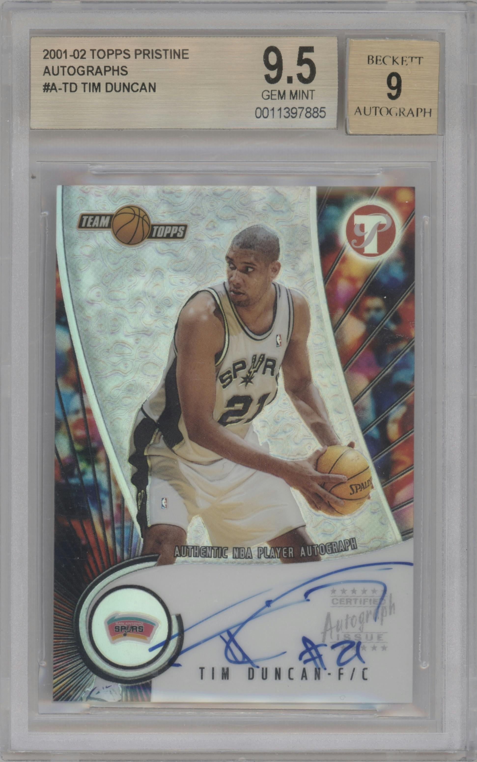 Tim Duncan from the 2001-02 Topps Pristine set graded by Beckett and given an overall grade of 9.5.
