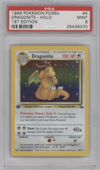 Dragonite from the 1999 Pokemon set graded by PSA and given an overall grade of 9.