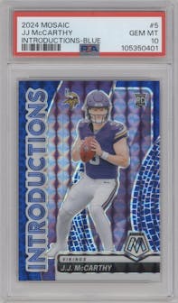 J.J. McCarthy from the 2024 Panini Mosaic set featuring a Blue Mosaic parallel graded by PSA and given an overall grade of 10.