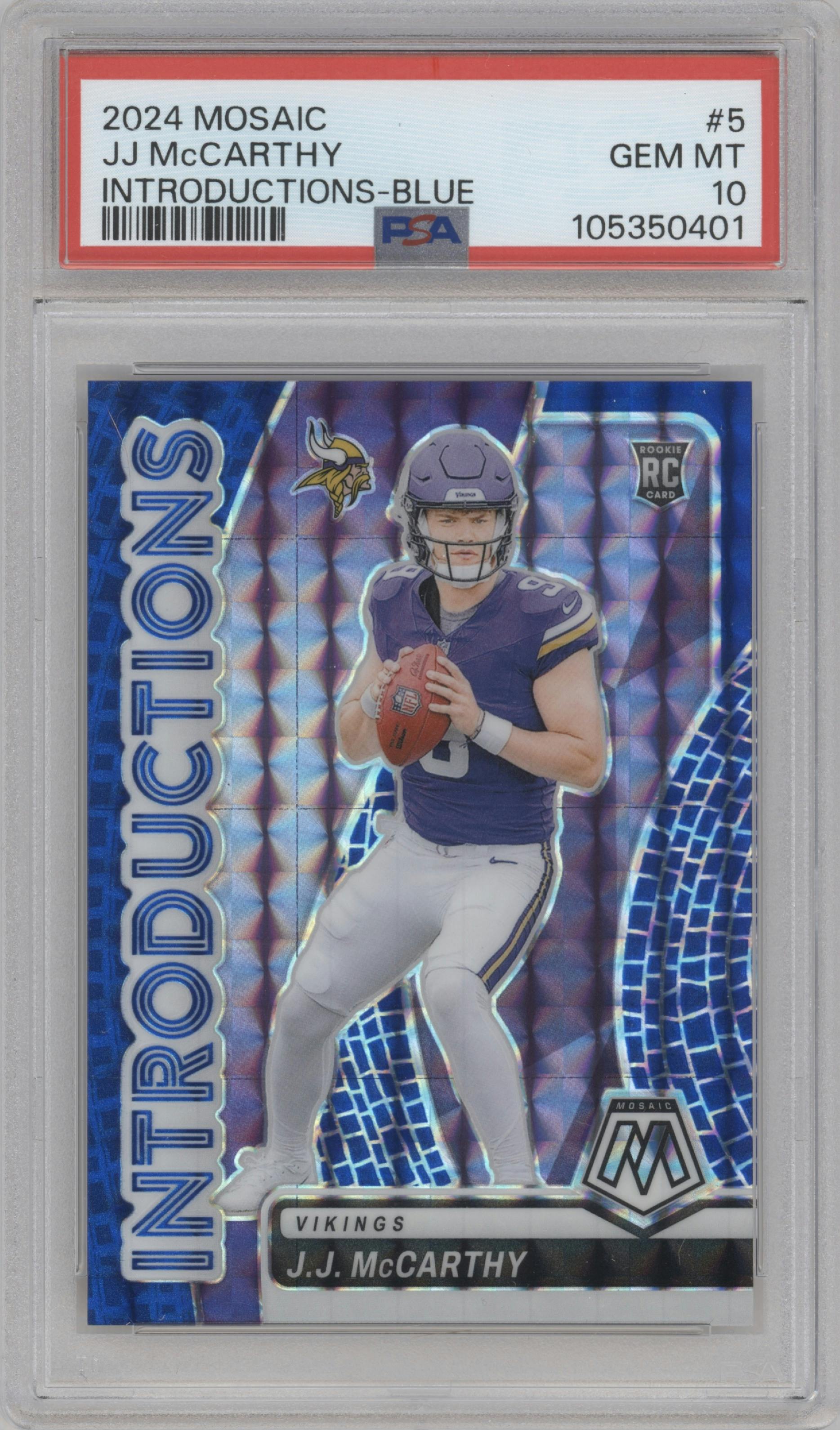 J.J. McCarthy from the 2024 Panini Mosaic set featuring a Blue Mosaic parallel graded by PSA and given an overall grade of 10.