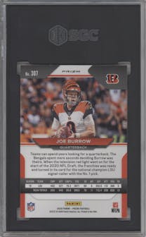 Joe Burrow from the 2020 Panini Prizm set featuring a Lazer parallel graded by SGC and given an overall grade of 10.