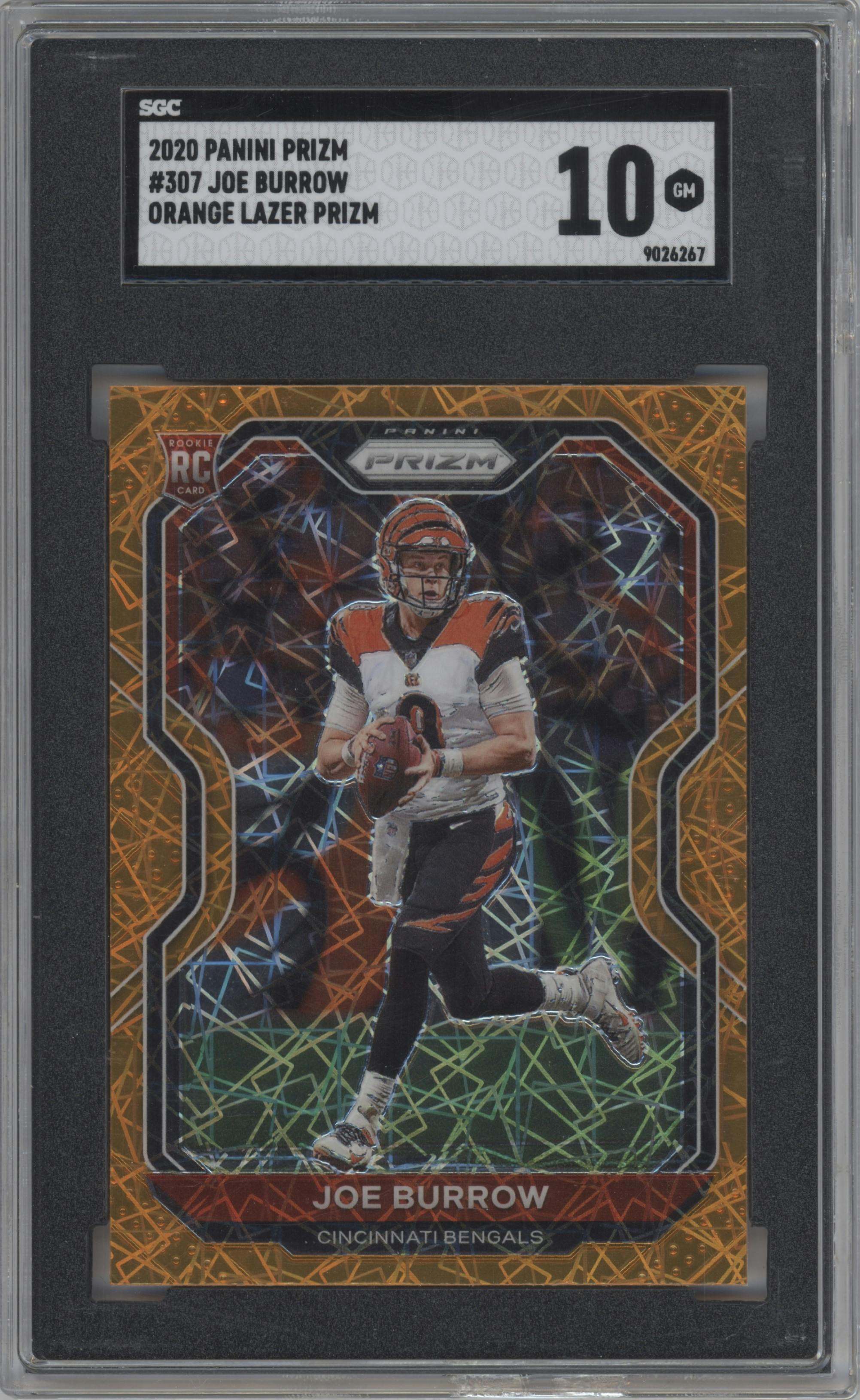 Joe Burrow from the 2020 Panini Prizm set featuring a Lazer parallel graded by SGC and given an overall grade of 10.