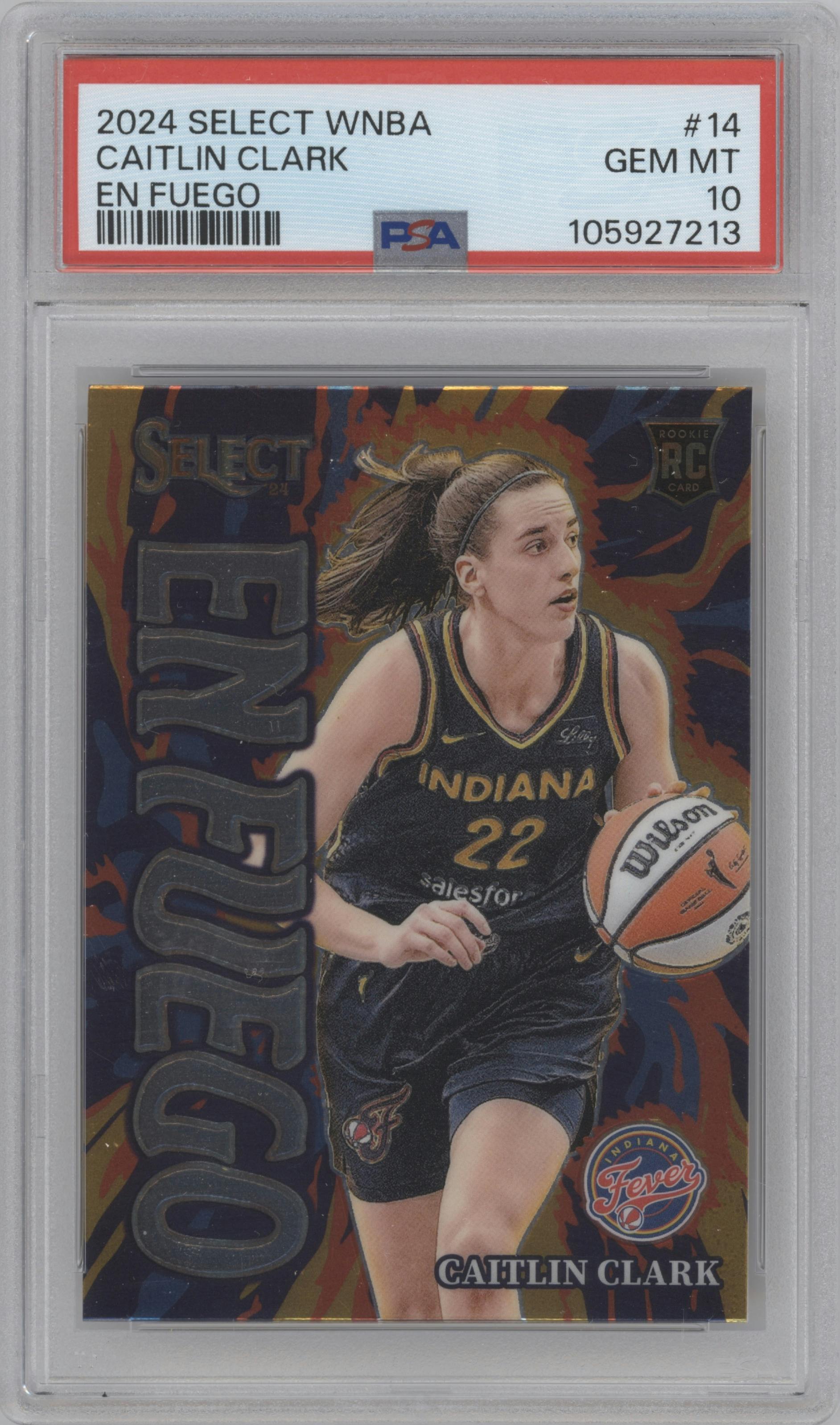 Caitlin Clark from the 2024 Panini Select WNBA set graded by PSA and given an overall grade of 10.