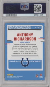 Anthony Richardson from the 2023 Donruss Optic set featuring a Blue Glitter parallel graded by PSA and given an overall grade of 10.