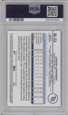 Junior Caminero from the 2024 Topps Chrome Update set featuring a Lava Lamp Aqua / Blue Refractors parallel graded by PSA and given an overall grade of 8.