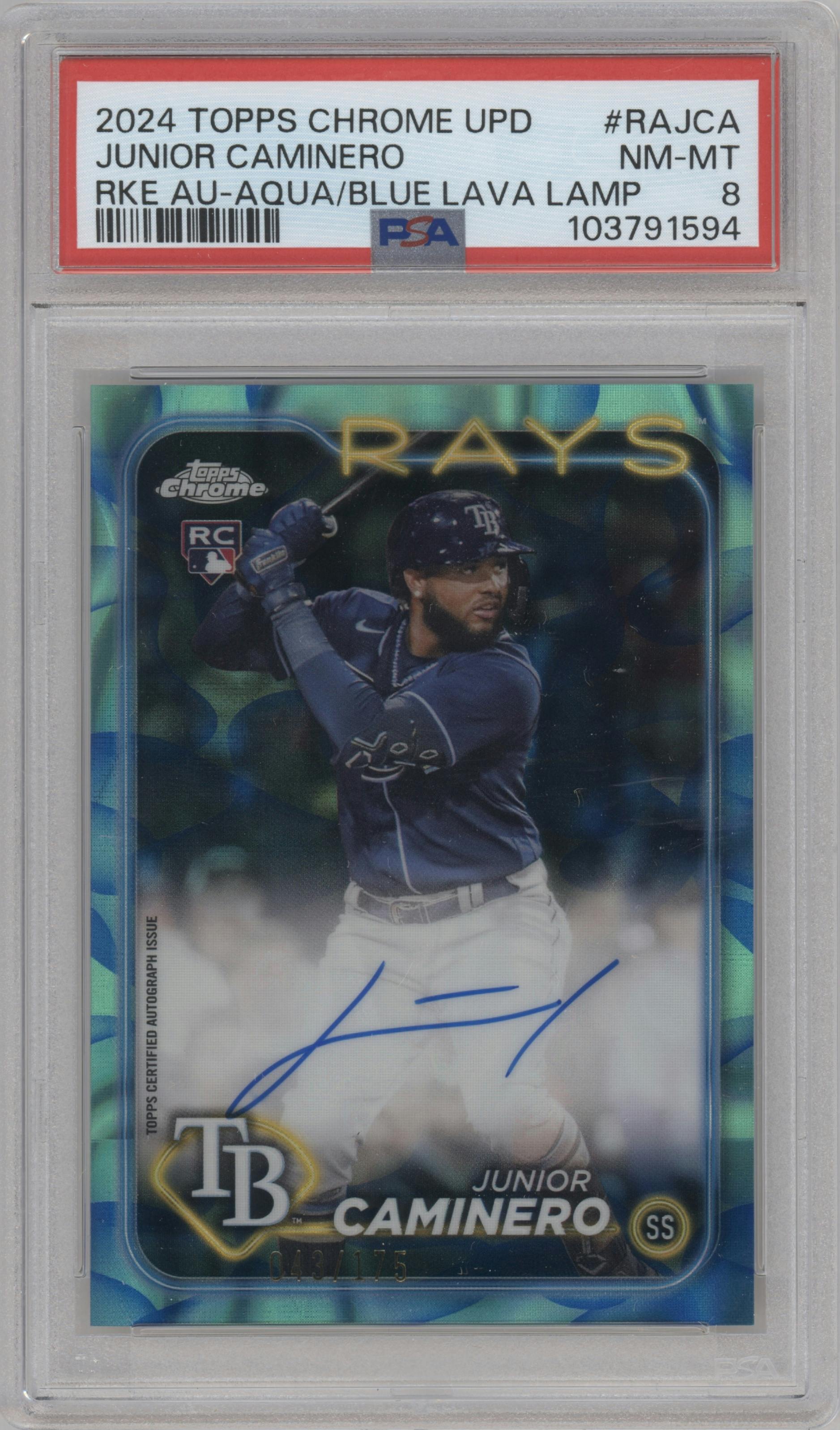 Junior Caminero from the 2024 Topps Chrome Update set featuring a Lava Lamp Aqua / Blue Refractors parallel graded by PSA and given an overall grade of 8.