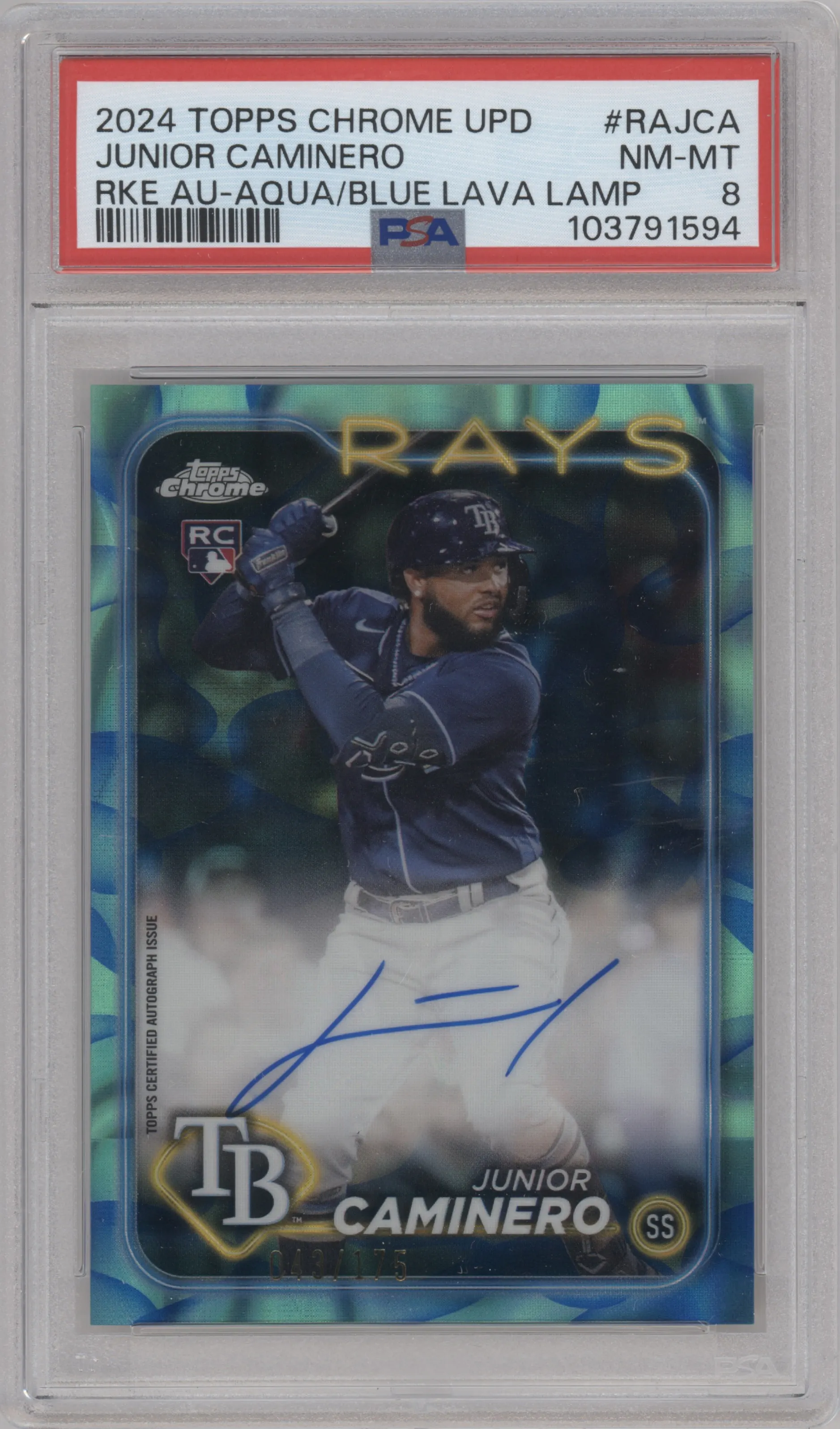 2024 Topps Chrome Update Rke.Au Junior Caminero Lava Lamp Aqua / Blue Refractors #RA-JCA PSA 8