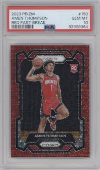 Amen Thompson from the 2023-24 Panini Prizm set featuring a Fast Break Red parallel graded by PSA and given an overall grade of 10.