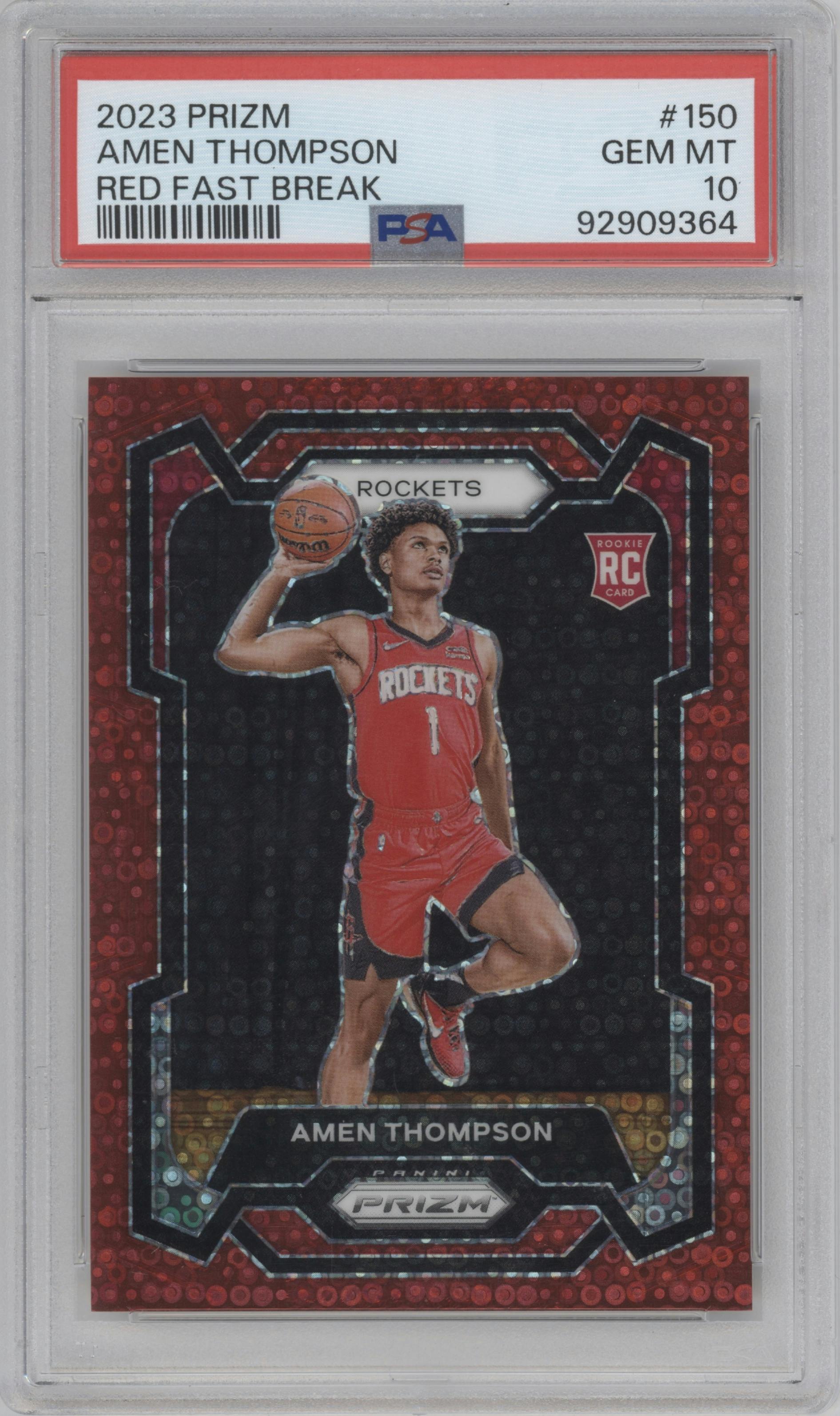 Amen Thompson from the 2023-24 Panini Prizm set featuring a Fast Break Red parallel graded by PSA and given an overall grade of 10.