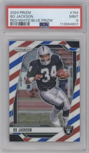 Bo Jackson from the 2024 Panini Prizm set featuring a Red White Blue Prizm parallel graded by PSA and given an overall grade of 9.