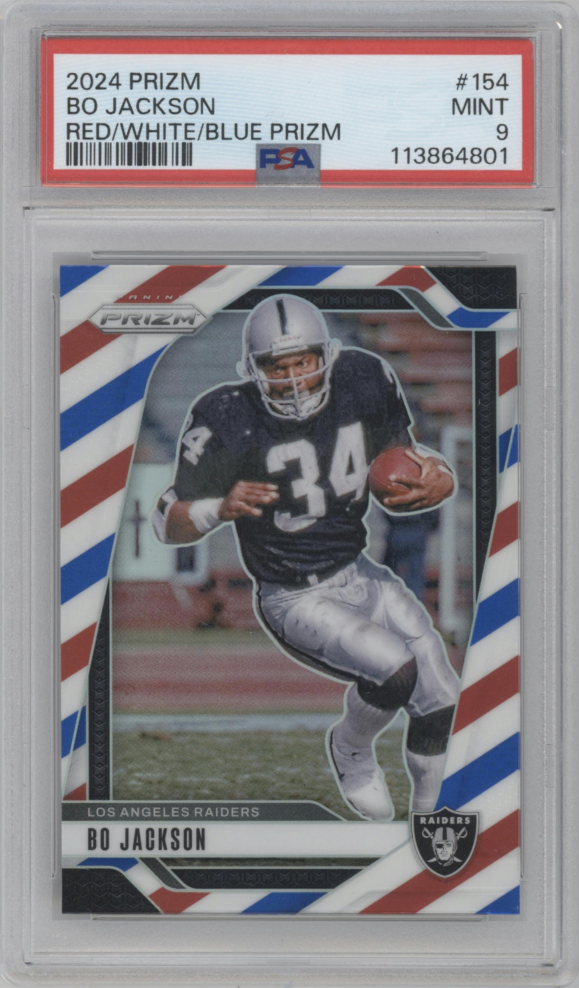 Bo Jackson from the 2024 Panini Prizm set featuring a Red White Blue Prizm parallel graded by PSA and given an overall grade of 9.