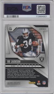 Bo Jackson from the 2024 Panini Prizm set featuring a Red White Blue Prizm parallel graded by PSA and given an overall grade of 9.