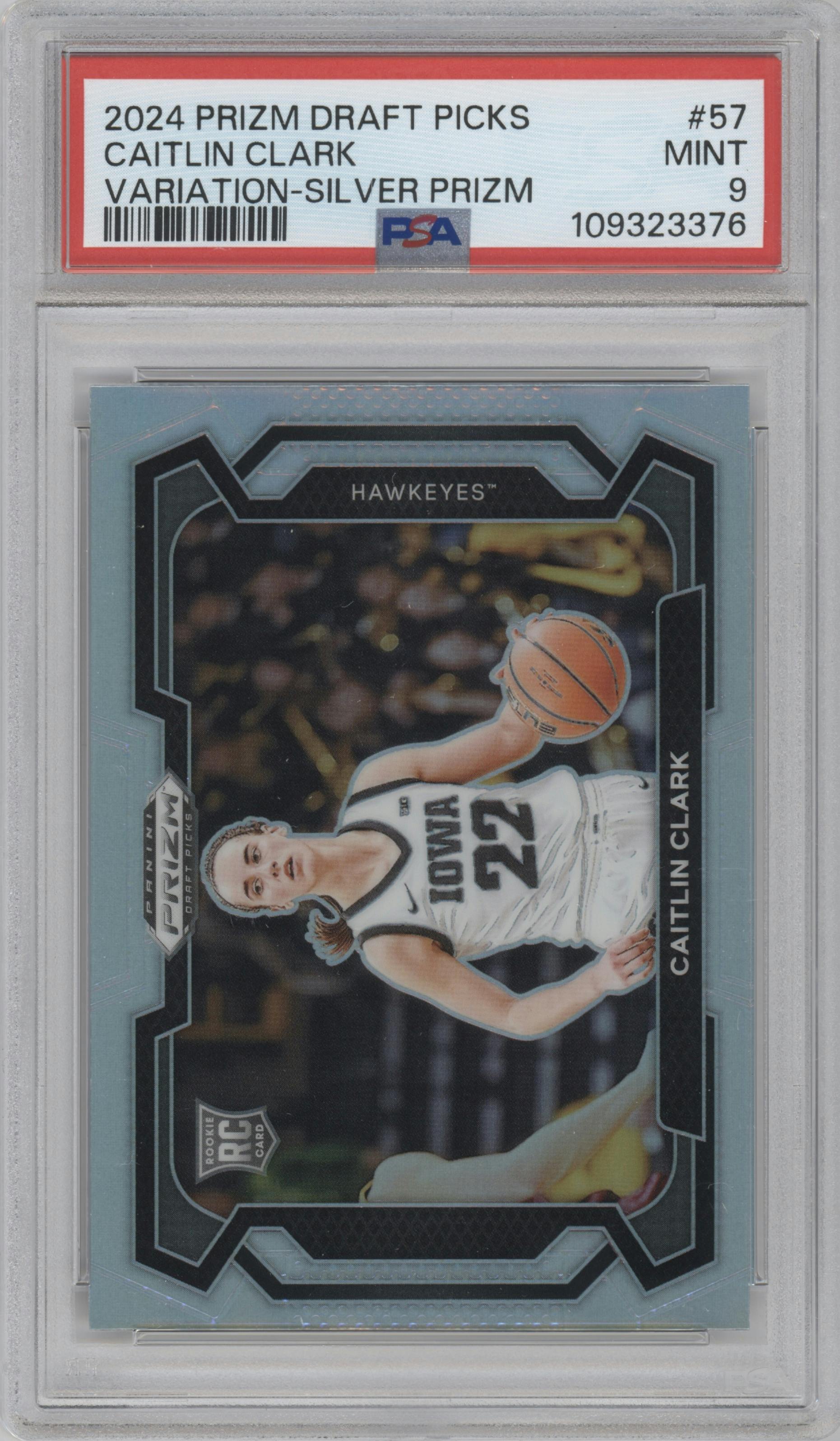 Caitlin Clark  from the 2024 Panini Prizm Draft Picks set featuring a Silver parallel graded by PSA and given an overall grade of 9.