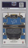 Jahmyr Gibbs from the 2023 Panini Select set featuring a  Blue Prizm parallel graded by PSA and given an overall grade of 10.