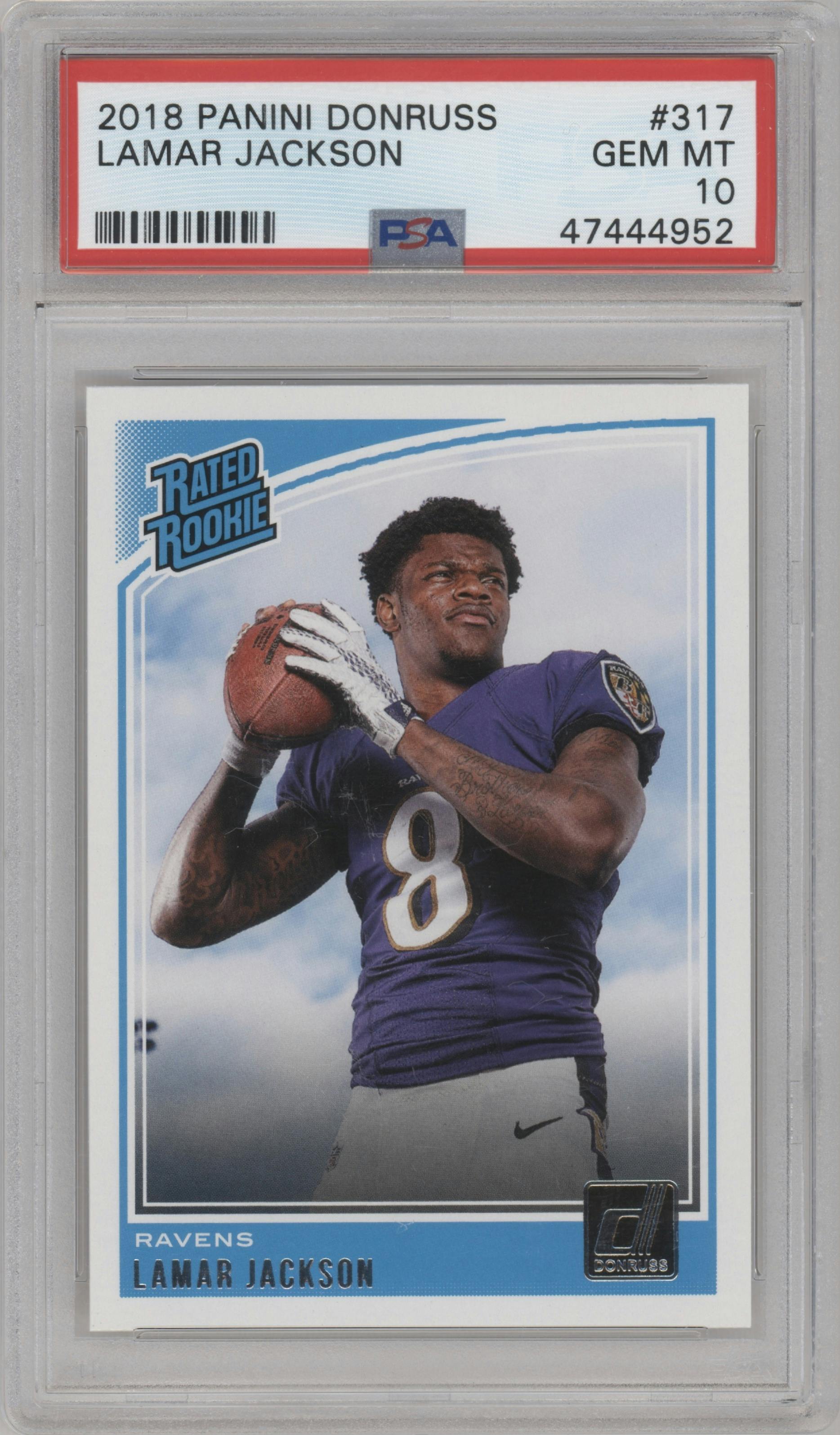 Lamar Jackson from the 2018 Panini Donruss set graded by PSA and given an overall grade of 10.