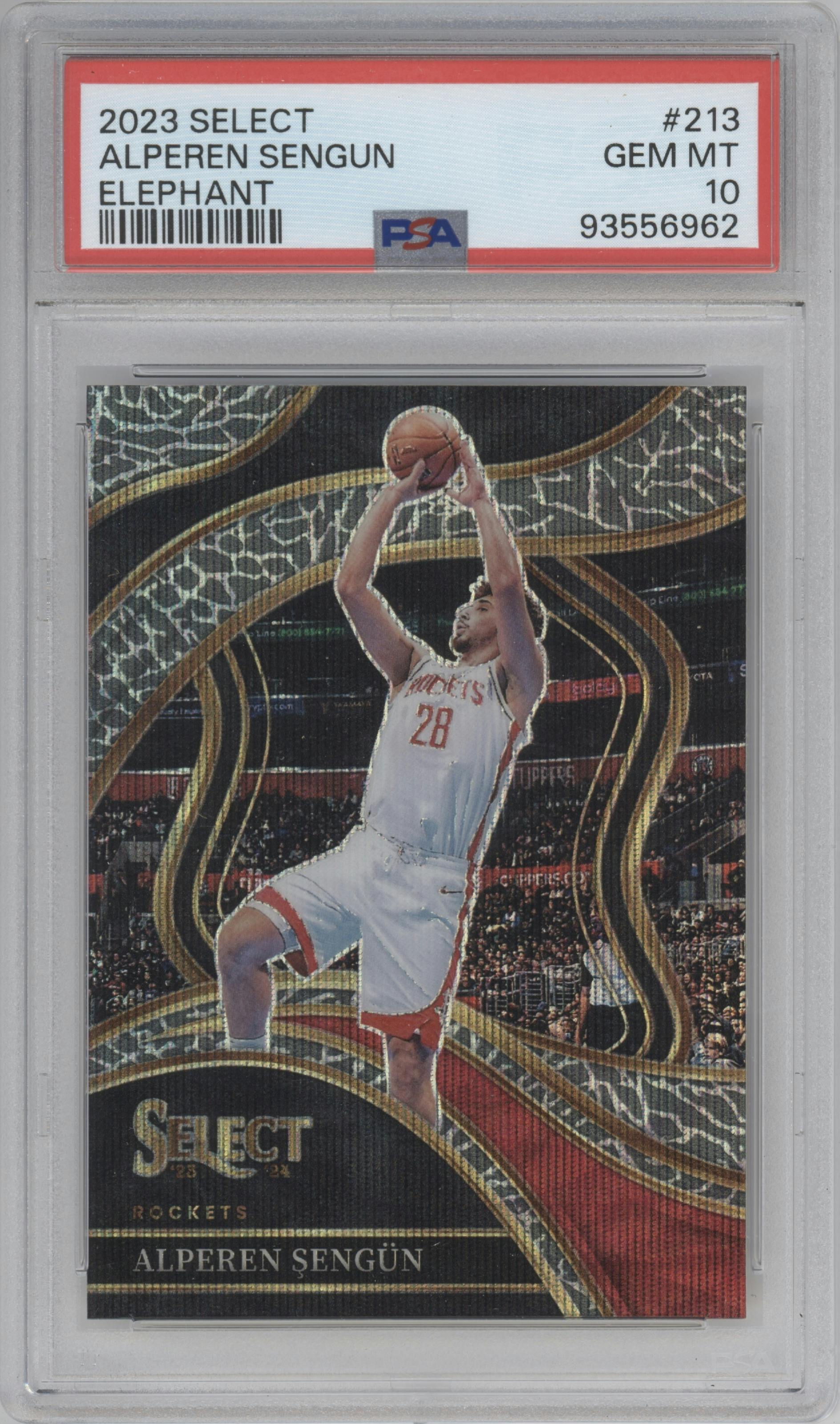 Alperen Sengun from the 2023-24 Panini Select  set featuring a Elephant parallel graded by PSA and given an overall grade of 10.