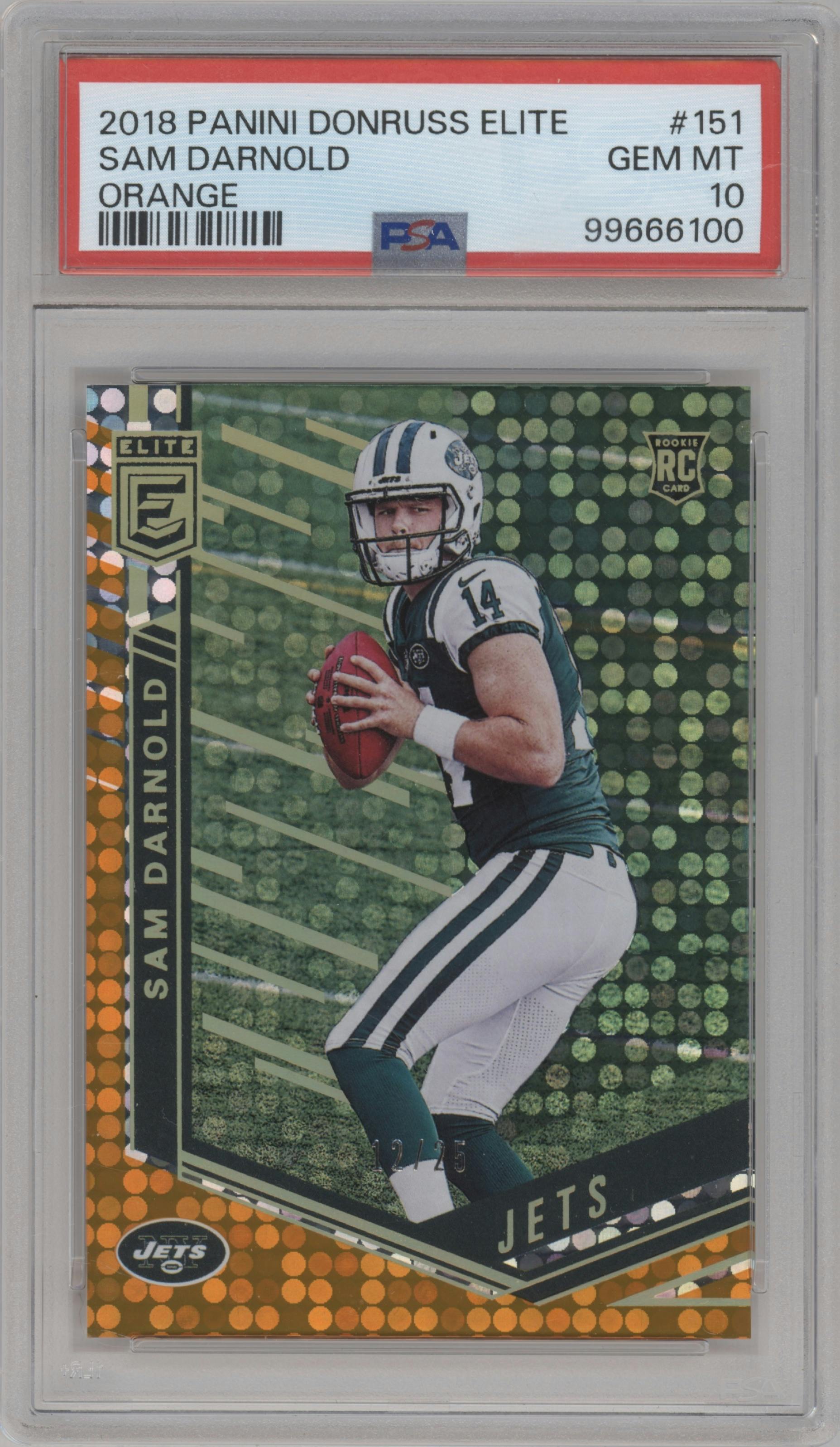Sam Darnold from the 2018 Panini Donruss Elite set featuring a Orange parallel graded by PSA and given an overall grade of 10.