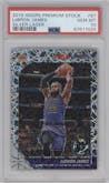 LeBron James from the 2019-20 Panini Hoops Premium Stock set featuring a Silver Laser parallel graded by PSA and given an overall grade of 10.