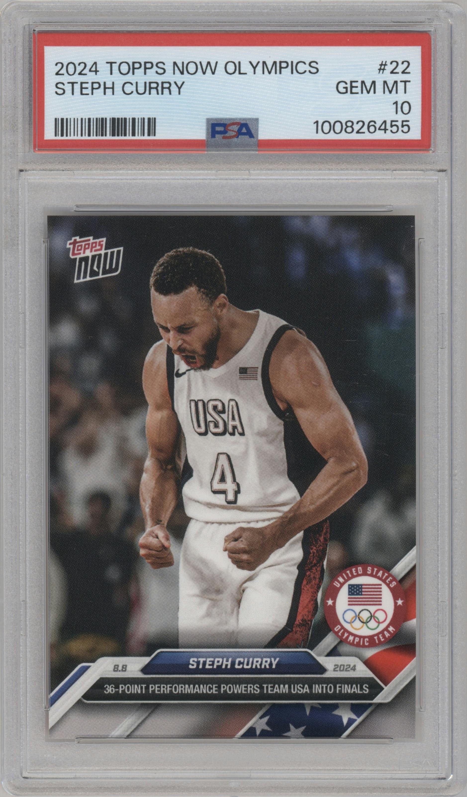 Steph Curry from the 2024 Topps Now Olympics set graded by PSA and given an overall grade of 10.