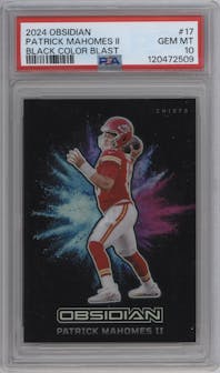 Patrick Mahomes II from the 2024 Panini Obsidian set graded by PSA and given an overall grade of 10.