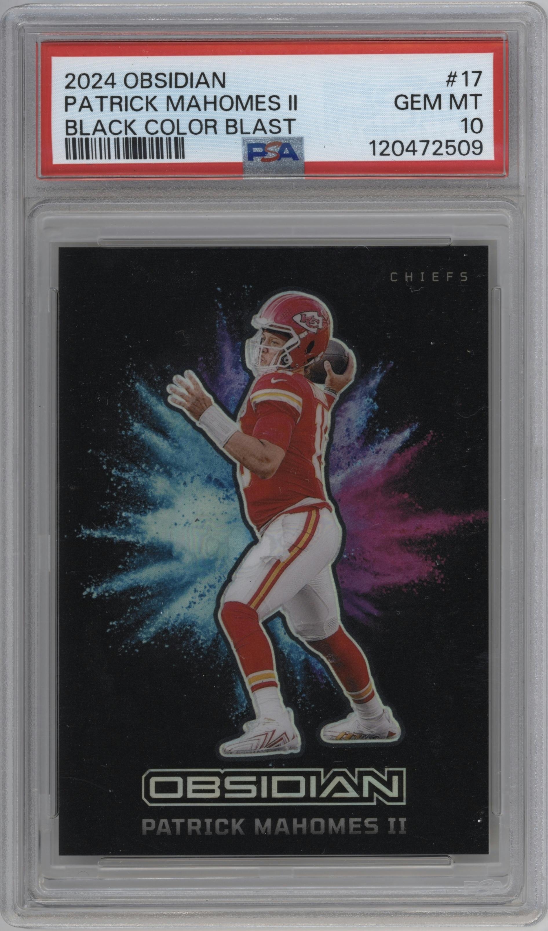 Patrick Mahomes II from the 2024 Panini Obsidian set graded by PSA and given an overall grade of 10.