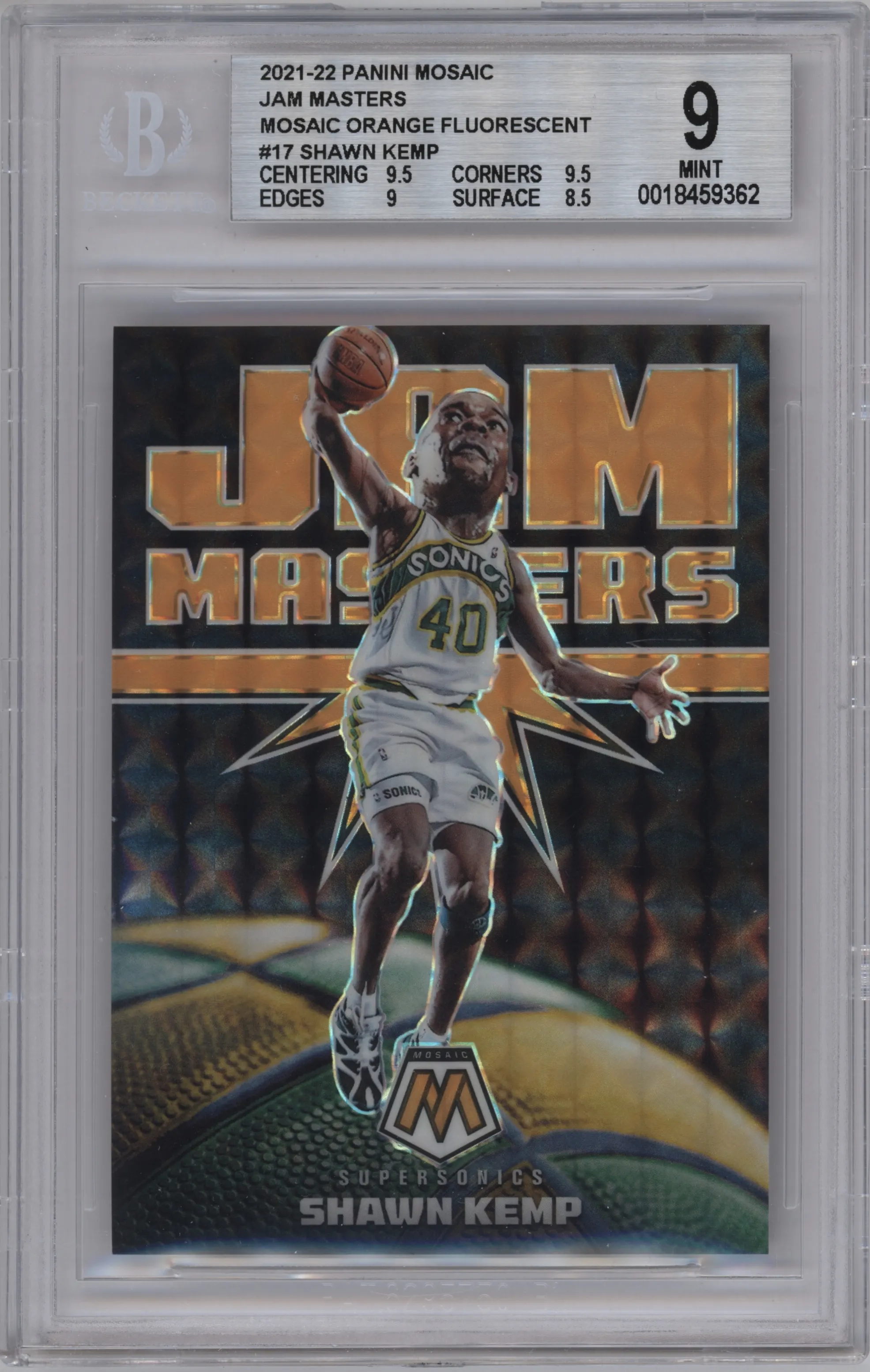 2021 Panini Mosaic Jam Masters Shawn Kemp Orange Fluorescent BGS 9
