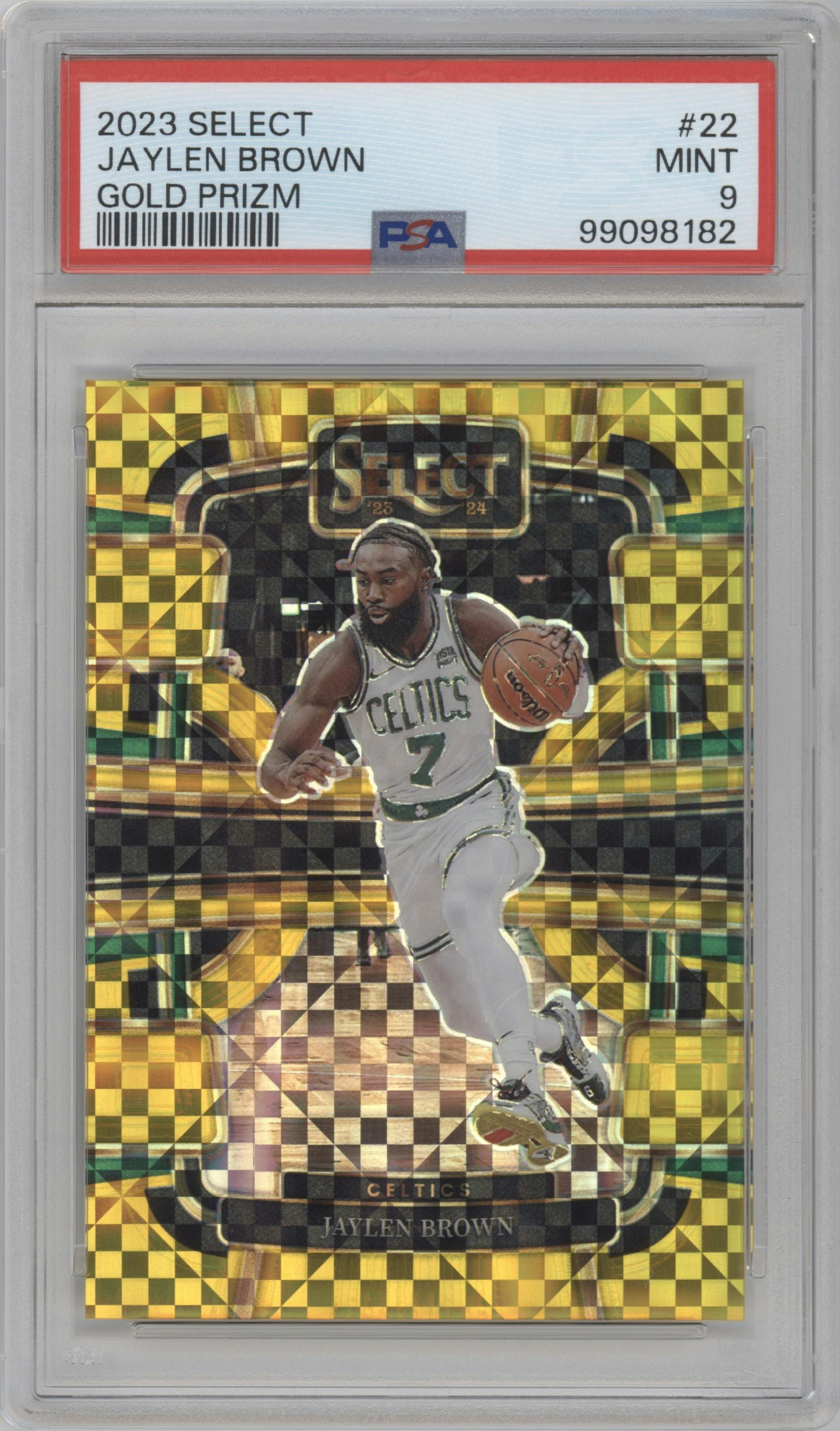 Jaylen Brown from the 2023-24 Panini Select  set featuring a Gold Prizm parallel graded by PSA and given an overall grade of 9.