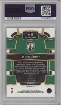 Jaylen Brown from the 2023-24 Panini Select  set featuring a Gold Prizm parallel graded by PSA and given an overall grade of 9.