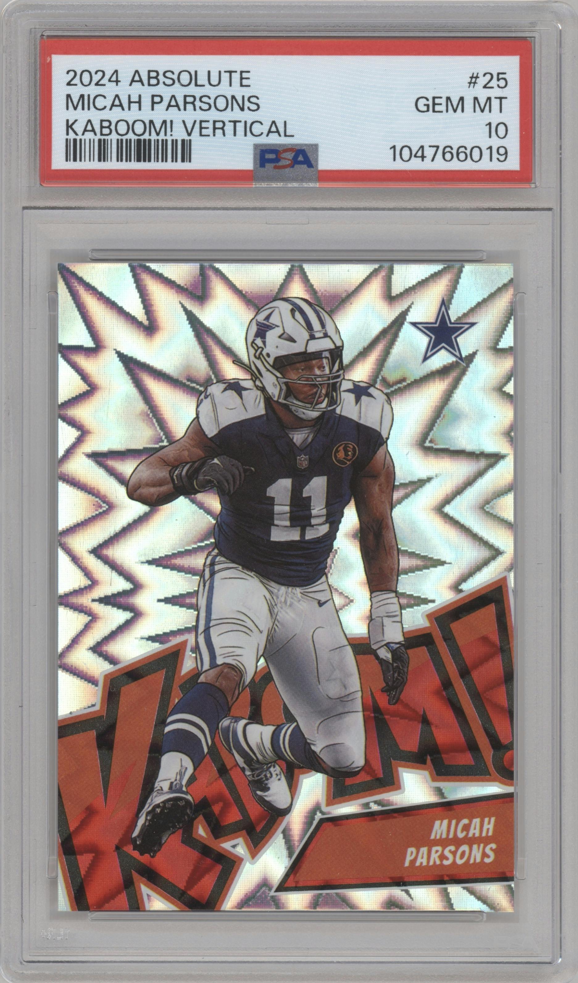 Micah Parsons from the 2024 Panini Absolute set graded by PSA and given an overall grade of 10.