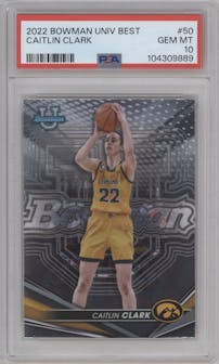 Caitlin Clark from the 2022-23 Bowman University Best set graded by PSA and given an overall grade of 10.