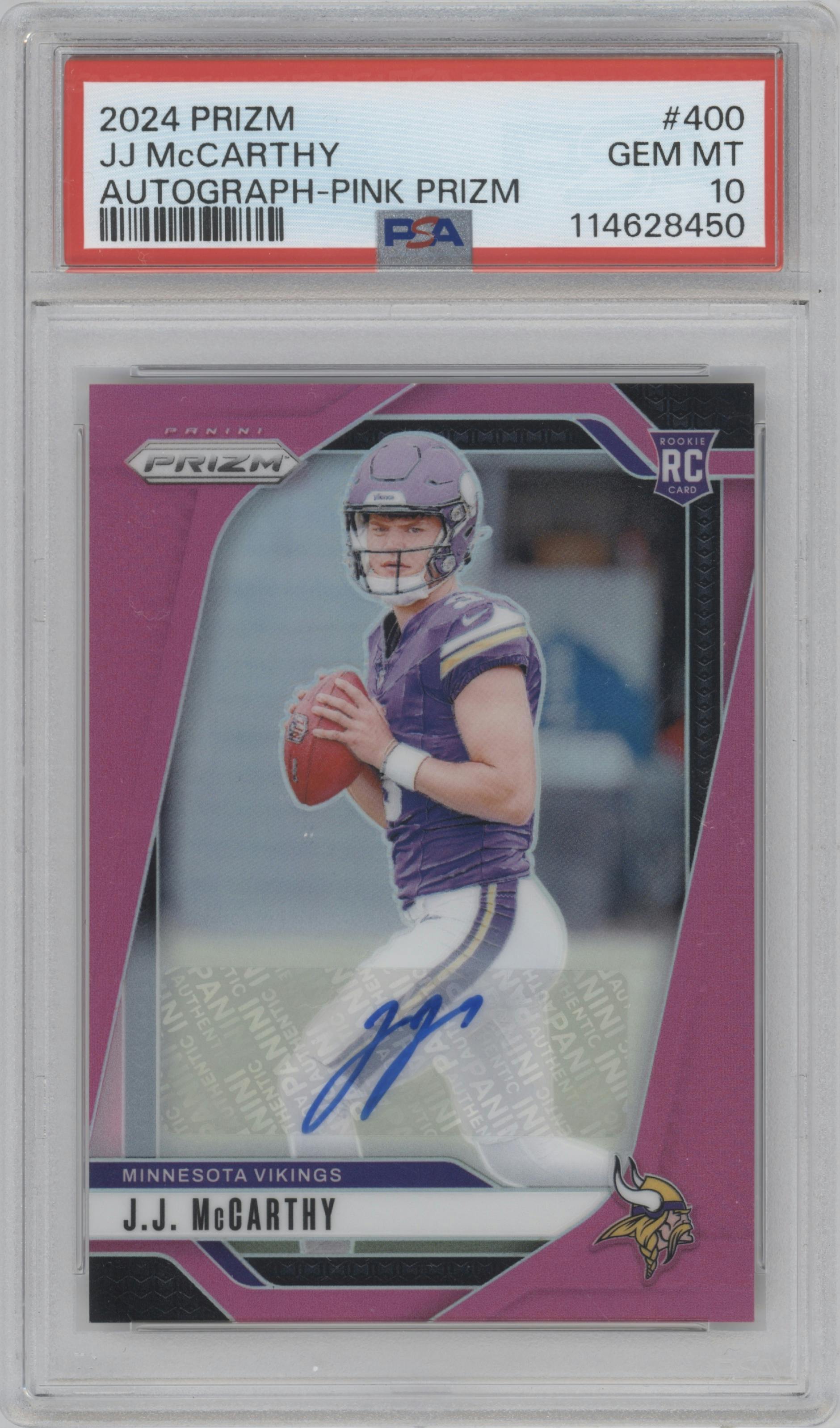 J.J. McCarthy from the 2024 Panini Prizm set featuring a Pink Prizm parallel graded by PSA and given an overall grade of 10.