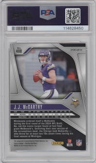 J.J. McCarthy from the 2024 Panini Prizm set featuring a Pink Prizm parallel graded by PSA and given an overall grade of 10.