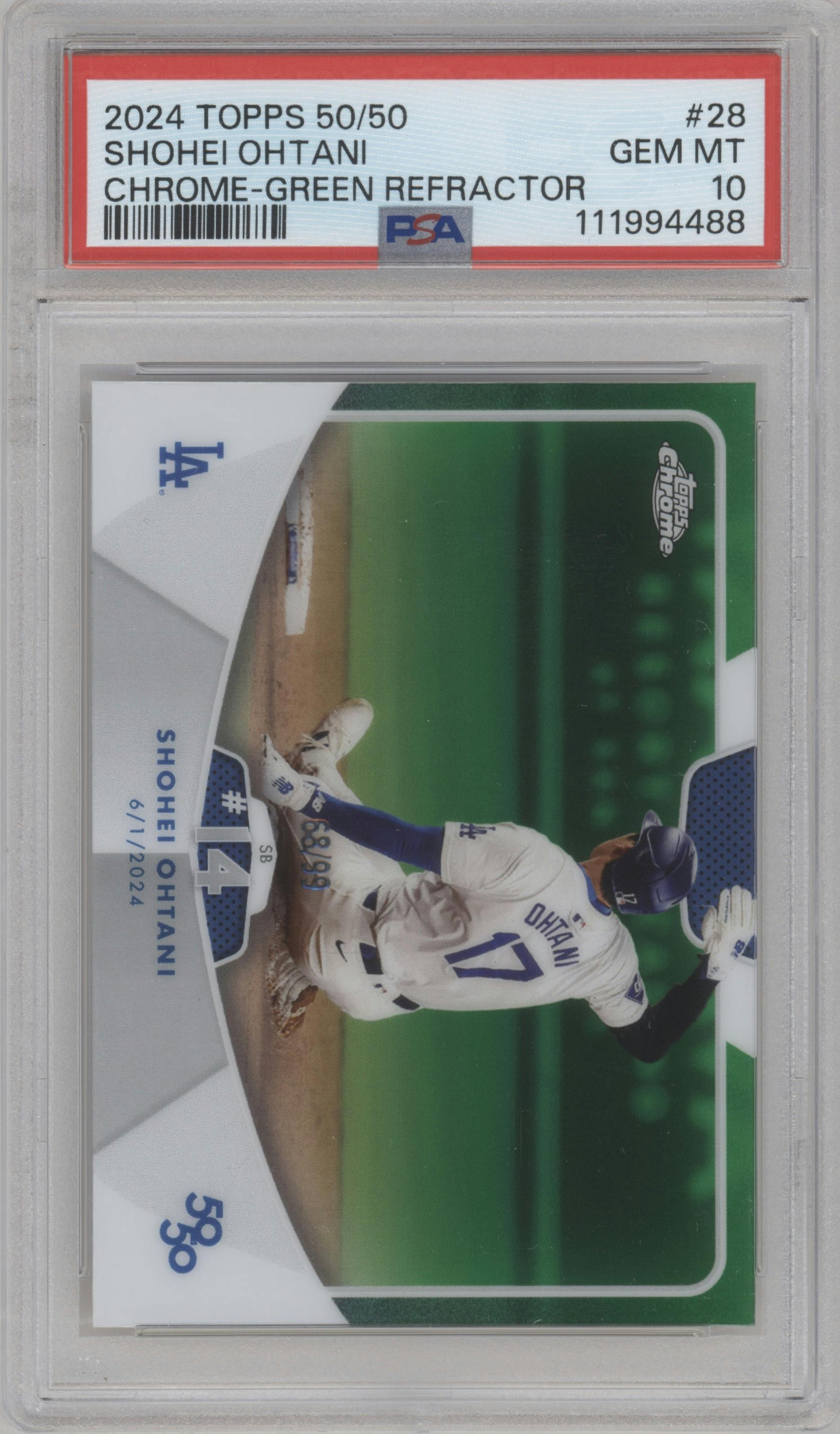 Shohei Ohtani from the 2024 Topps 50/50: Shohei Ohtani set featuring a Green parallel graded by PSA and given an overall grade of 10.