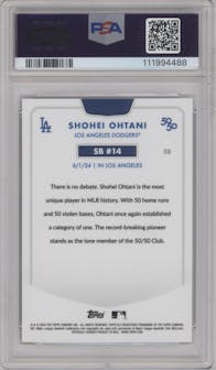 Shohei Ohtani from the 2024 Topps 50/50: Shohei Ohtani set featuring a Green parallel graded by PSA and given an overall grade of 10.