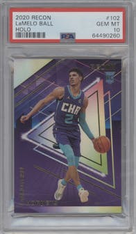 LaMelo Ball from the 2020-21 Panini Recon set featuring a Holo parallel graded by PSA and given an overall grade of 10.